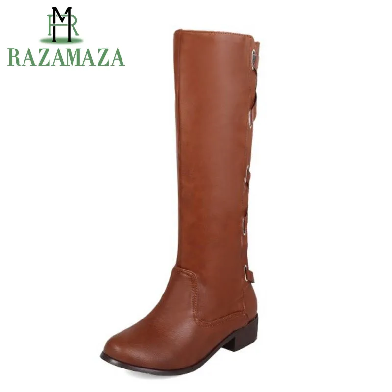 RAZAMAZA Wholesale Women's Knee High Boots Vintage Low Heels Shoes Woman Cross Tied Zipper Winter Knight Botas Mujer Size 33-48
RAZAMAZA Wholesale Women's Knee High Boots Vintage Low Heels Shoes Woman Cross Tied Zipper Winter Knight Botas Mujer Size 33-48