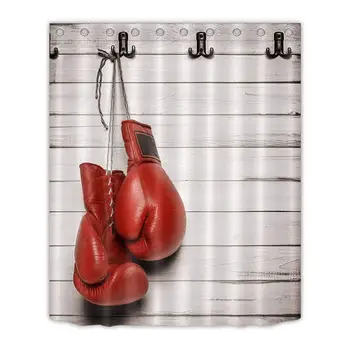 

Red Boxing Gloves Shower Curtain Wood Barn Door Polyester Fabric Mildew Resistant Waterproof Bathroom Bath Curtains with Hooks