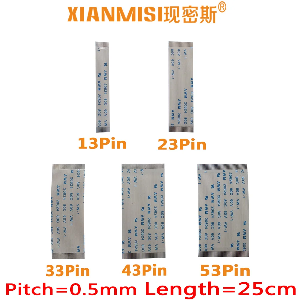 FFC/FPC Flat Flex Cable 13Pin 23Pin 33Pin 43Pin 53Pin Same Side 0.5mm Pitch AWM VW-1 20624 20798 80C 60V Length 25cm 5PCS
FFC/FPC Flat Flex Cable 13Pin 23Pin 33Pin 43Pin 53Pin Same Side 0.5mm Pitch AWM VW-1 20624 20798 80C 60V Length 25cm 5PCS