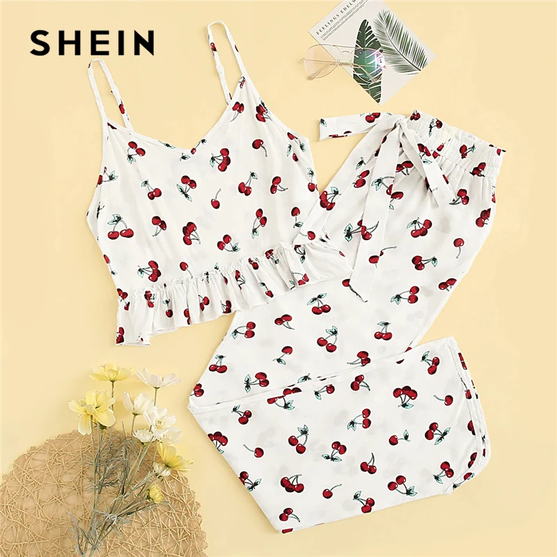 

SHEIN Cherry Print Ruffle Cami Pants PJ Set Summer Spring White Belted Spaghetti Strap Sleepwear Women Sleeveless Nightwear