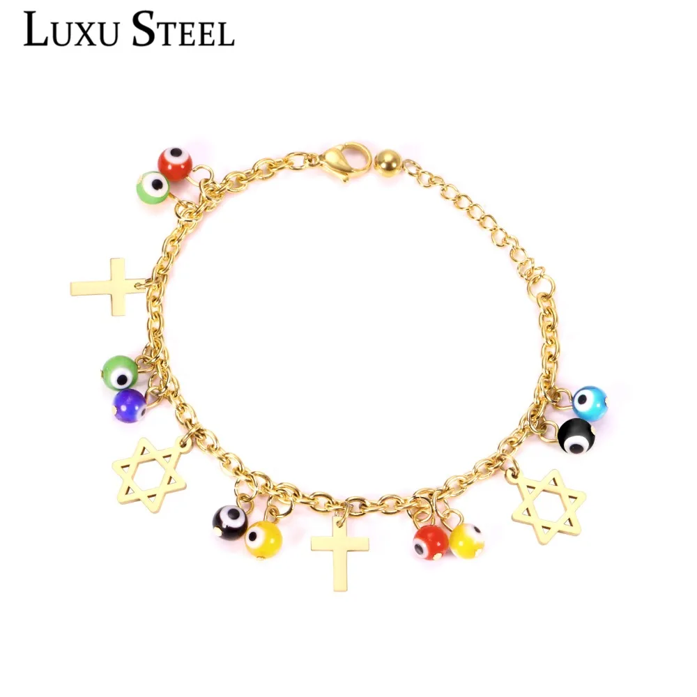 LUXUSTEEL Gold Color Adjustable Bracelets Stainless Steel Cross/Star/Blue Eye Pendants Lobster Clasp Chain Bracelets Bangles
LUXUSTEEL Gold Color Adjustable Bracelets Stainless Steel Cross/Star/Blue Eye Pendants Lobster Clasp Chain Bracelets Bangles
