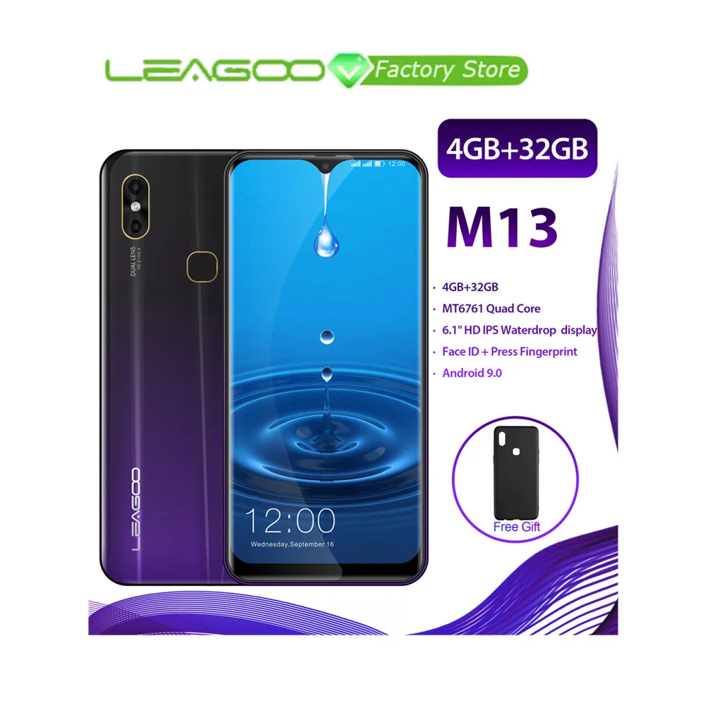 

100% Orginal LEAGOO M13 Android 9.0 19:9 6.1" Smartphone 4GB 32GB MT6761 Quad Core Fingerprint Face ID 4G LTE Mobile Phone