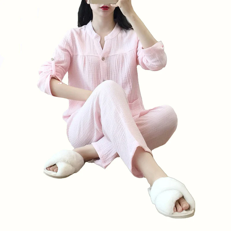 Ladies Pajamas Set Summer New Simple Style Women Solid Color Sleepwear 100% Gauze Cotton Homewear Long Sleeve+Pants Casual Wear
Ladies Pajamas Set Summer New Simple Style Women Solid Color Sleepwear 100% Gauze Cotton Homewear Long Sleeve+Pants Casual Wear