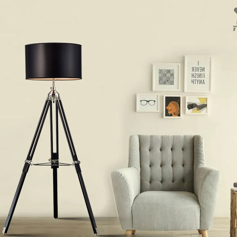 

Post Modern Tripod floor lamp searchlight Foyer Cloth lampshade archaize wood holder individual chrome standing lamp black