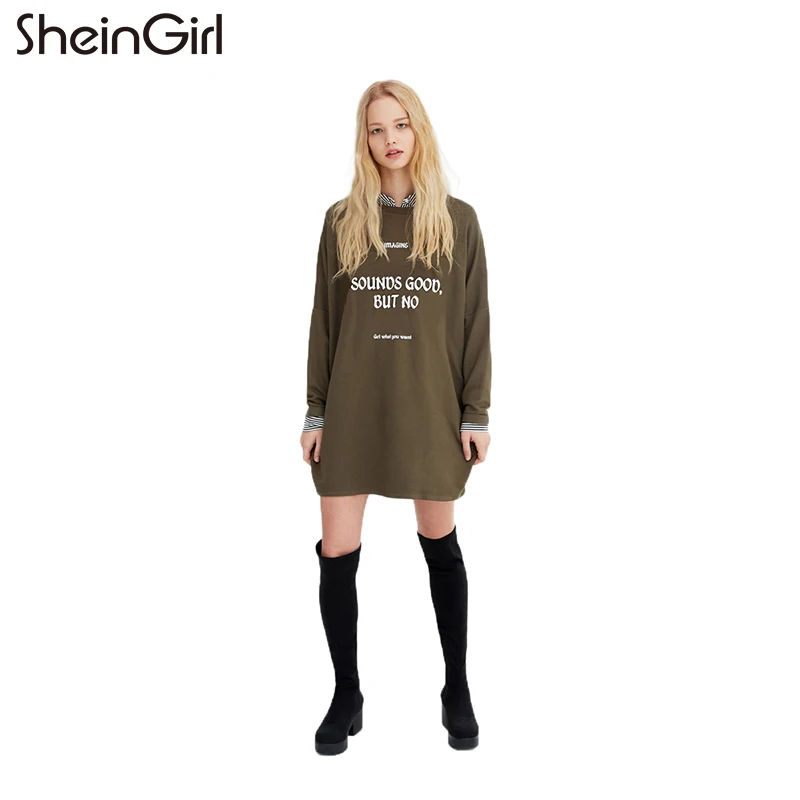 ShelnGirl Армейский зеленый письмо печати в форме Нижний Мисс Толстовка Платья с