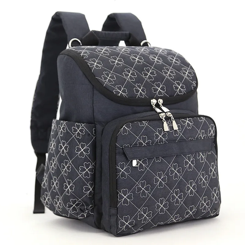 White&Blue Triangle Grid Flower Printed Square Vertical Section Mummy Diaper Bags Zipper Pocket Canvas Casual Backpack 09