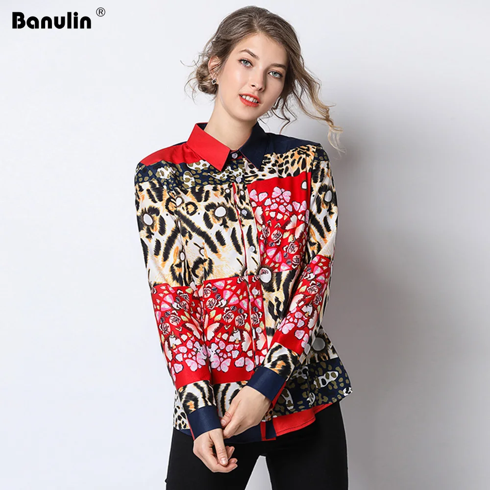 

Banulin Spring Womens Tops and Blouses 2019 Runway Designer Long Sleeve Leopard Print Casual Office Blouse Shirt Female Blusas