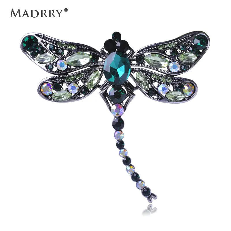 

High Quality Crystal Dragonfly Brooches for Women Girl Green Jewelry Scarf Lapel Pins Brooch Antique Silver Color Accessories