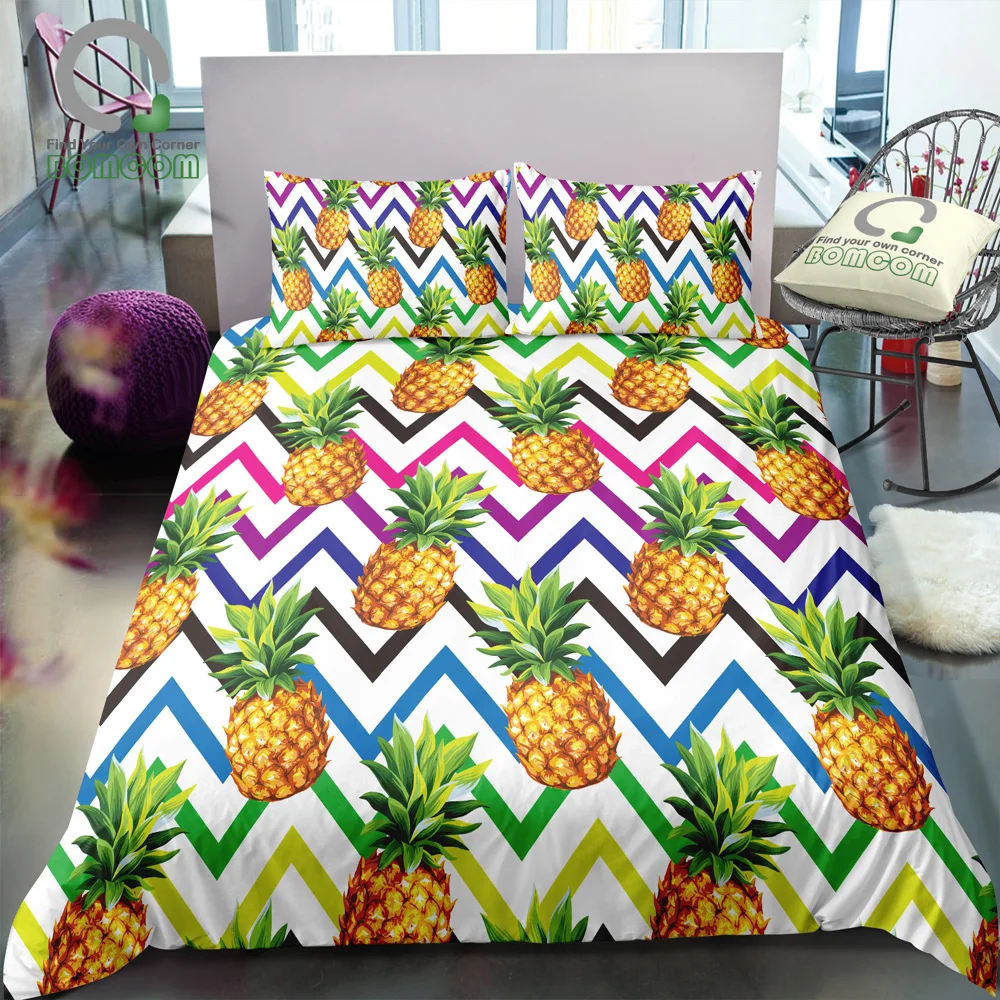 

BOMCOM 3D Digital Printing Colorful seamless Tropical pattern wave line pineapples white Duvet Cover Sets 100% Microfiber Clear