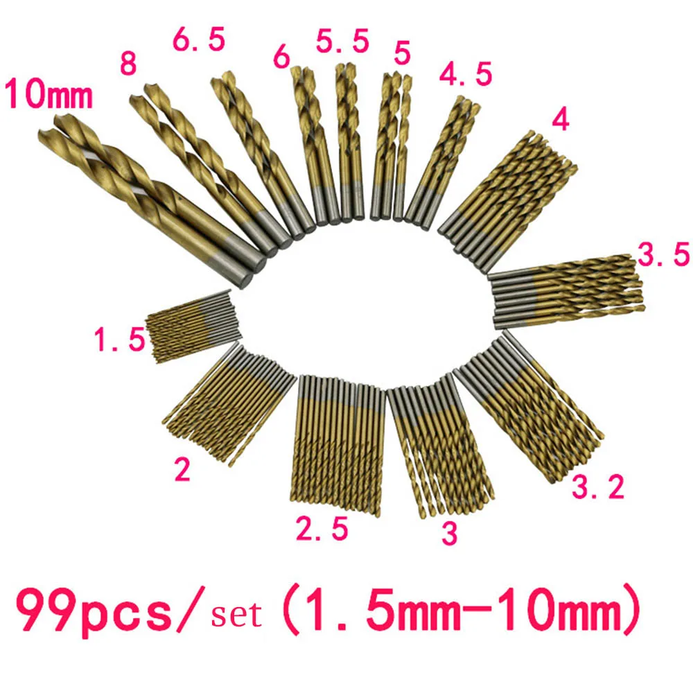 High Speed Steel Twist Drill 1.5mm-10mm 99pcs Titanium Coated HSS Drill Woodworking Hand Tools Drill Bit Set
High Speed Steel Twist Drill 1.5mm-10mm 99pcs Titanium Coated HSS Drill Woodworking Hand Tools Drill Bit Set