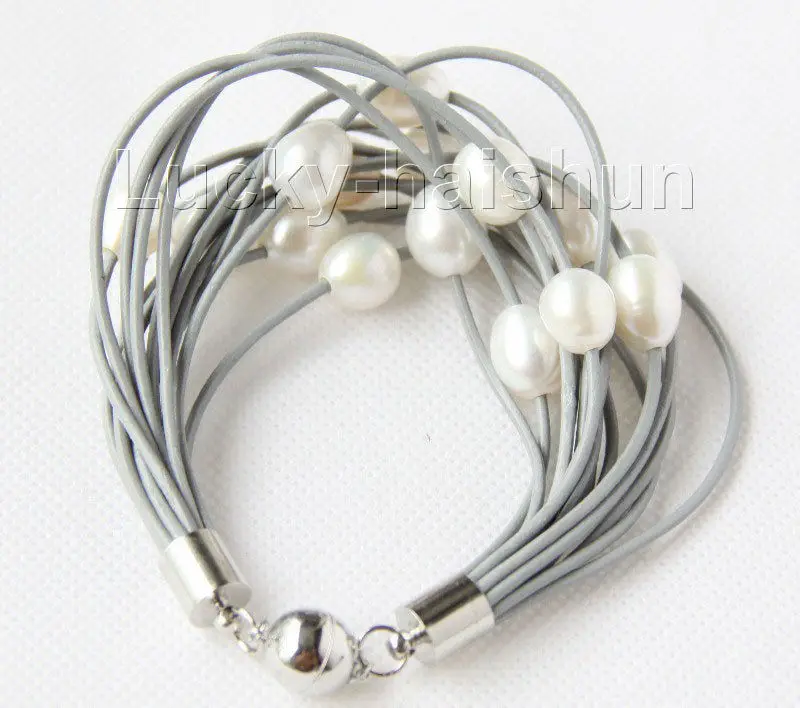 8" 13mm 15row white pearls gray leather bracelet j9669 @^Noble style Natural Fine jewe SHIPPING new >&gtfree shipping | Украшения и