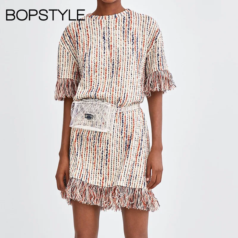 Fall 2018 Women Colorful Weave Tweed Fringed Dress - New Ladies Round Neck Short Sleeves Dress With Fringed Hem & Sleeve Cuffs
Fall 2018 Women Colorful Weave Tweed Fringed Dress - New Ladies Round Neck Short Sleeves Dress With Fringed Hem & Sleeve Cuffs