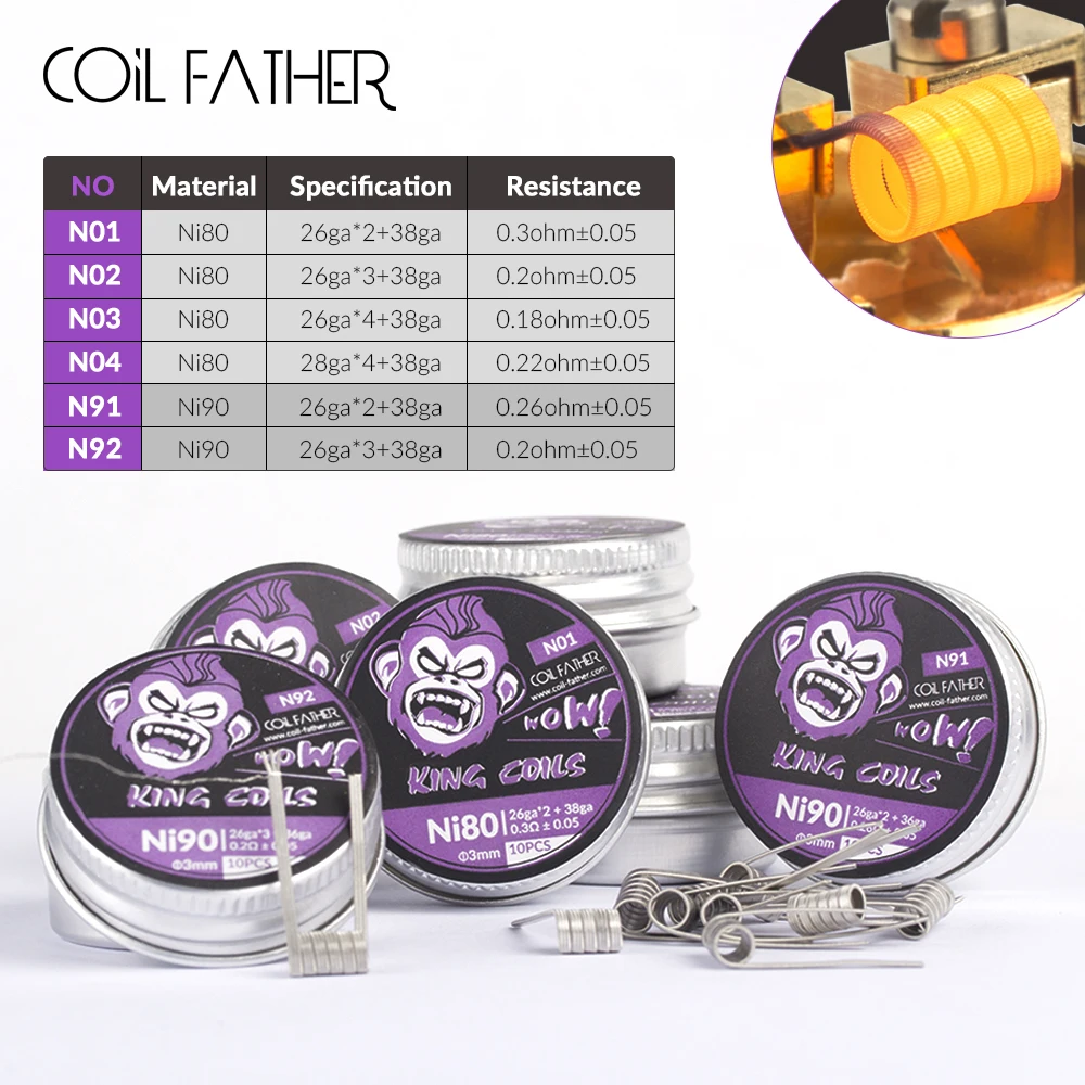 Coil Father 10pcs/box Ni80 Ni90 Nichrome Density Prebuilt King Coils For Electronic Cigarette RDA RTA RBA RDTA Atomizer
Coil Father 10pcs/box Ni80 Ni90 Nichrome Density Prebuilt King Coils For Electronic Cigarette RDA RTA RBA RDTA Atomizer