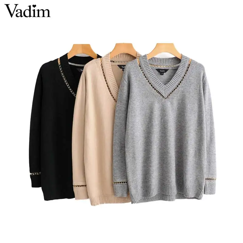 Vadim women chain patchwork knitted sweater V neck preppy style long sleeve pullovers female cute stretchy casual tops HA194 | Женская