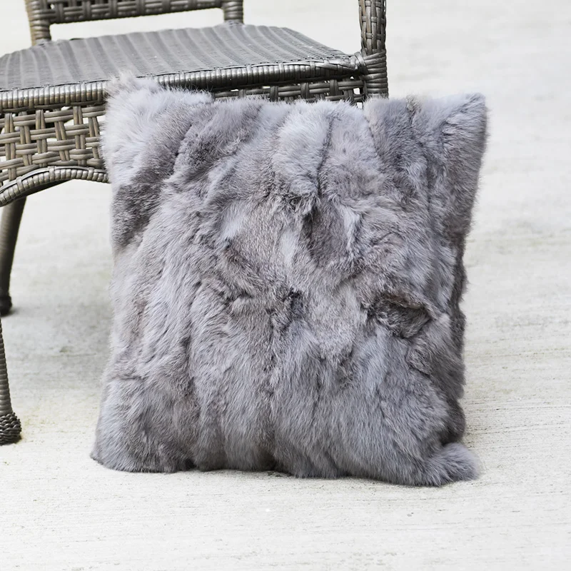 

free shipping CX-D-17D Cheap Grey Nonwoven Patchwork Genuine Rabbit Fur Pillowcase Bolster Fur Cushion Discounted Sale Pillows