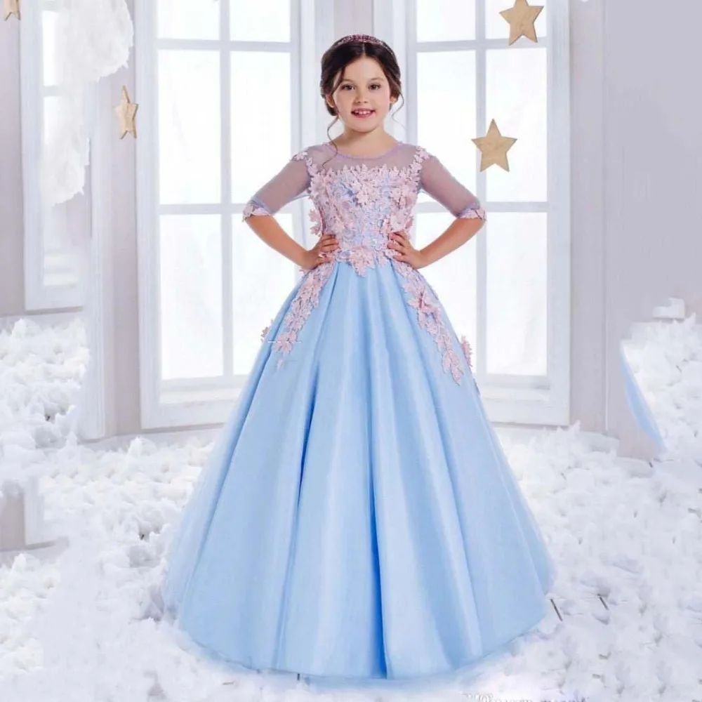 Sweet Tulle Ball Gown Half Sleeves Light Blue Gorgeous Scoop Chapel Appliques Train Little Child Bridal Flower Girl Dresses
Sweet Tulle Ball Gown Half Sleeves Light Blue Gorgeous Scoop Chapel Appliques Train Little Child Bridal Flower Girl Dresses