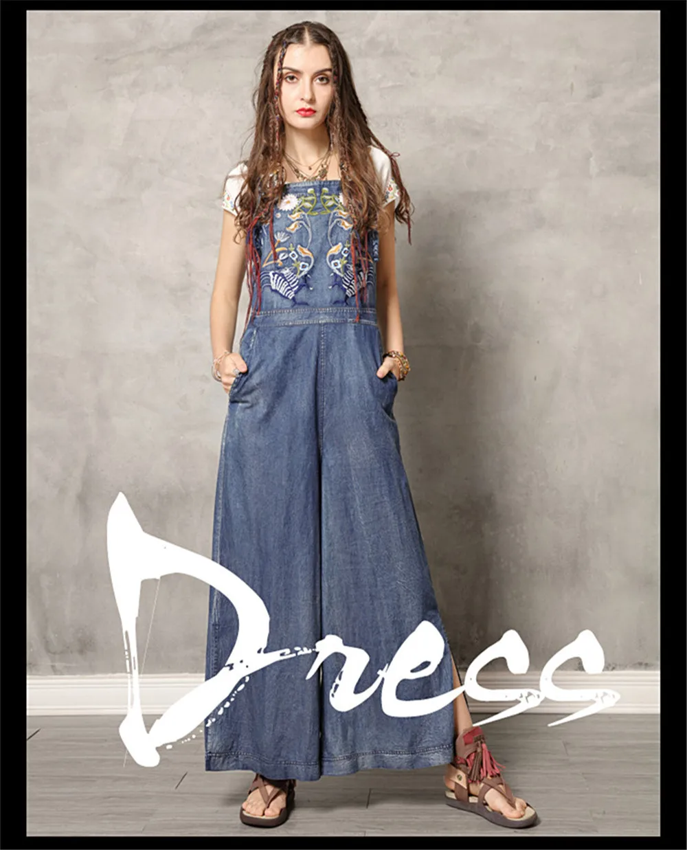 Vintage Jumpsuit Women 2019 Boho New Women Spaghetti Strap Bodysuit Denim Summer Embroidery Wide Leg Jumpsuits K306DZ Bodysuits (1)
