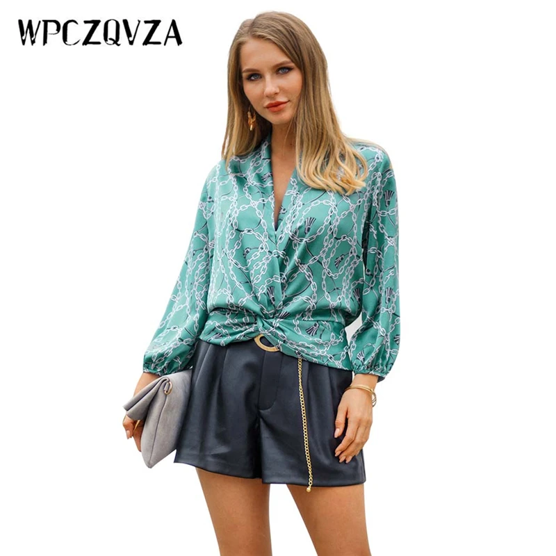 WPCZQVZA Unique Design V-Neck Women Blouse Shirt Comfortable Solid Color Elegant Pullover Fashion Printing Chain Woman Tops |