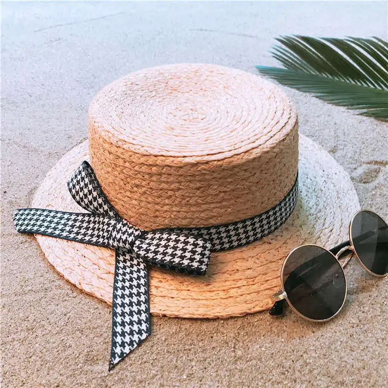 

100% Raffia Straw Handmade Weave Women Boater Sun Hat For Lady Summer Beach Flat Sunbonnet Fashion Bowknot Size 56-58CM