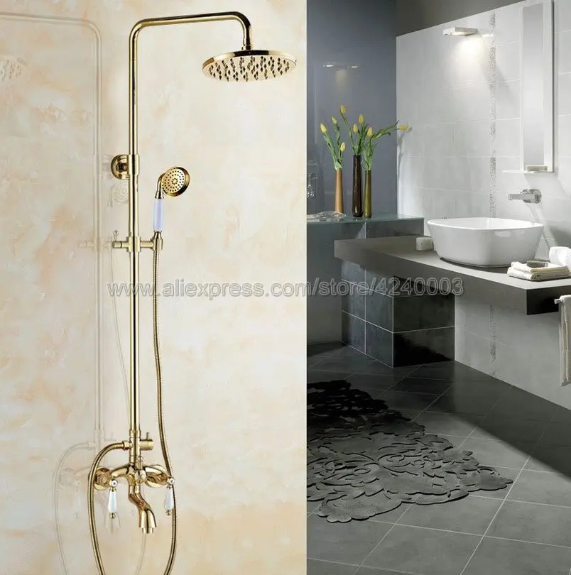 

Golden Brass Rainfall 8" Bath Shower Mixer Faucet Set Wall Mounted with Hand Shower Swivel Tub Spout Shower Taps Kgf432