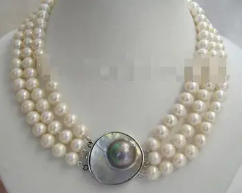 

P589-3row 17-19" 9-10mm natural white round freshwater pearl necklace-mabe pearl
