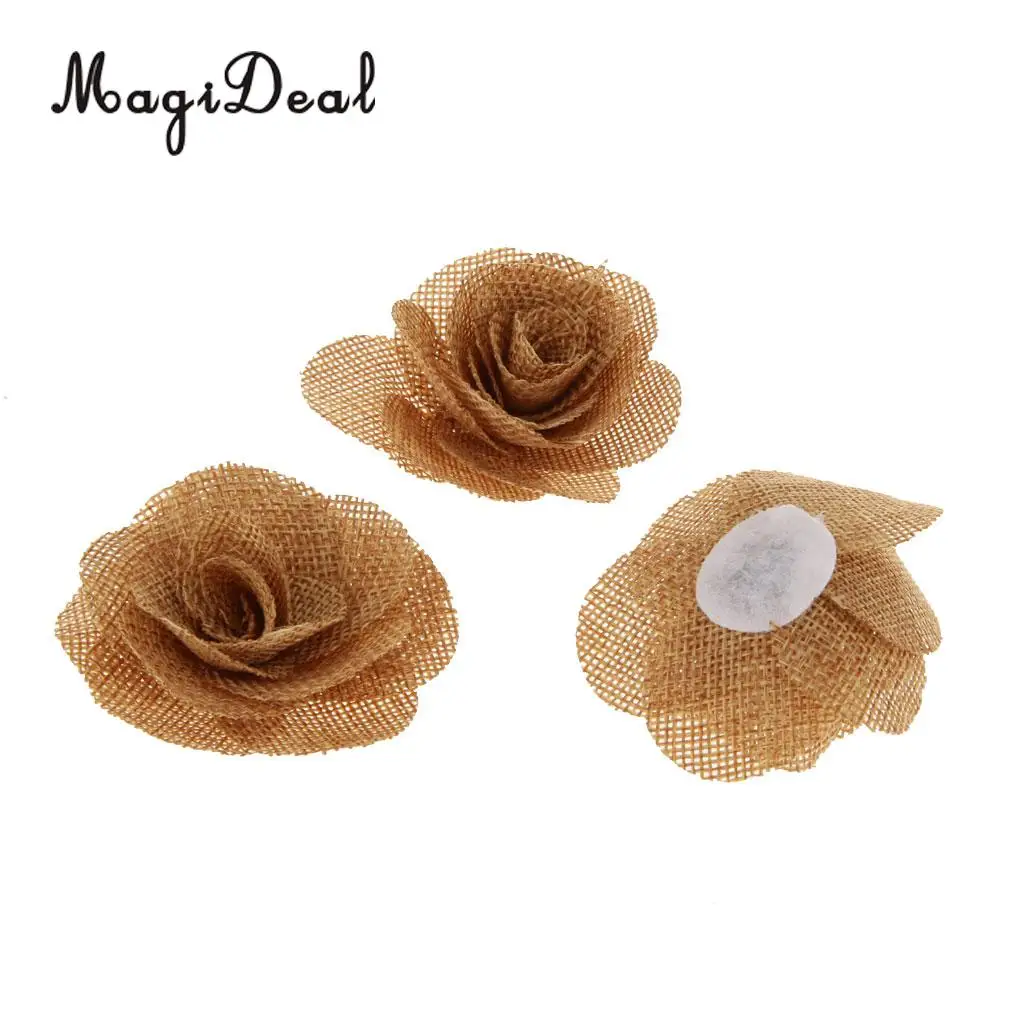 MagiDeal 10pcs/Lot 6.5cm Rustic Flower Rose Wedding Burlap Hessian Jute Vintage Decor Bride Bridegroom Corsage Wedding Supplies