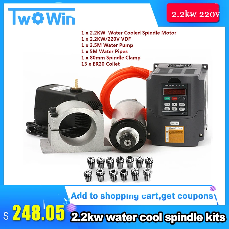 Water Cooled Spindle Kit 2.2KW CNC Milling Spindle Motor + 2.2KW VFD + 80mm clamp + water pump/pipe +13pcs ER20 for CNC Router
Water Cooled Spindle Kit 2.2KW CNC Milling Spindle Motor + 2.2KW VFD + 80mm clamp + water pump/pipe +13pcs ER20 for CNC Router