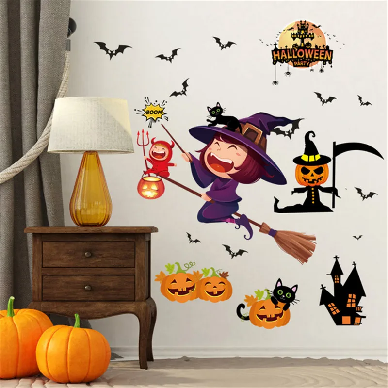 

Halloween Decoration Cartoon Pumpkin Bats Wall Stickers Flying Witch Broom Ghost Festival Window Decor Wall Decal Mural Poster