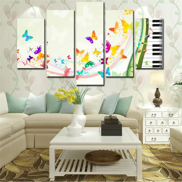 Modular Painting Printed Canvas Poster 5 Panel Music Piano key Butterfly Artwork Home Decor Wall Pictures for Living Room M621 | Дом и сад