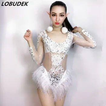White Feather Sexy Lace Perspective Bodysuit Nightclub Female DJ Singer Stage Wear Costume Bar Party Show Crystals Dance Outfit
White Feather Sexy Lace Perspective Bodysuit Nightclub Female DJ Singer Stage Wear Costume Bar Party Show Crystals Dance Outfit