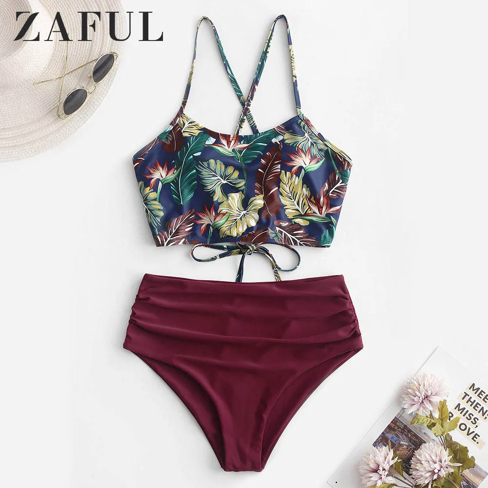 

ZAFUL Leaf Print Lace-up Ruched Tankini Swimsuit Criss-Cross Spaghetti Straps High Waisted Sexy Swimwear Women Bathing Suit