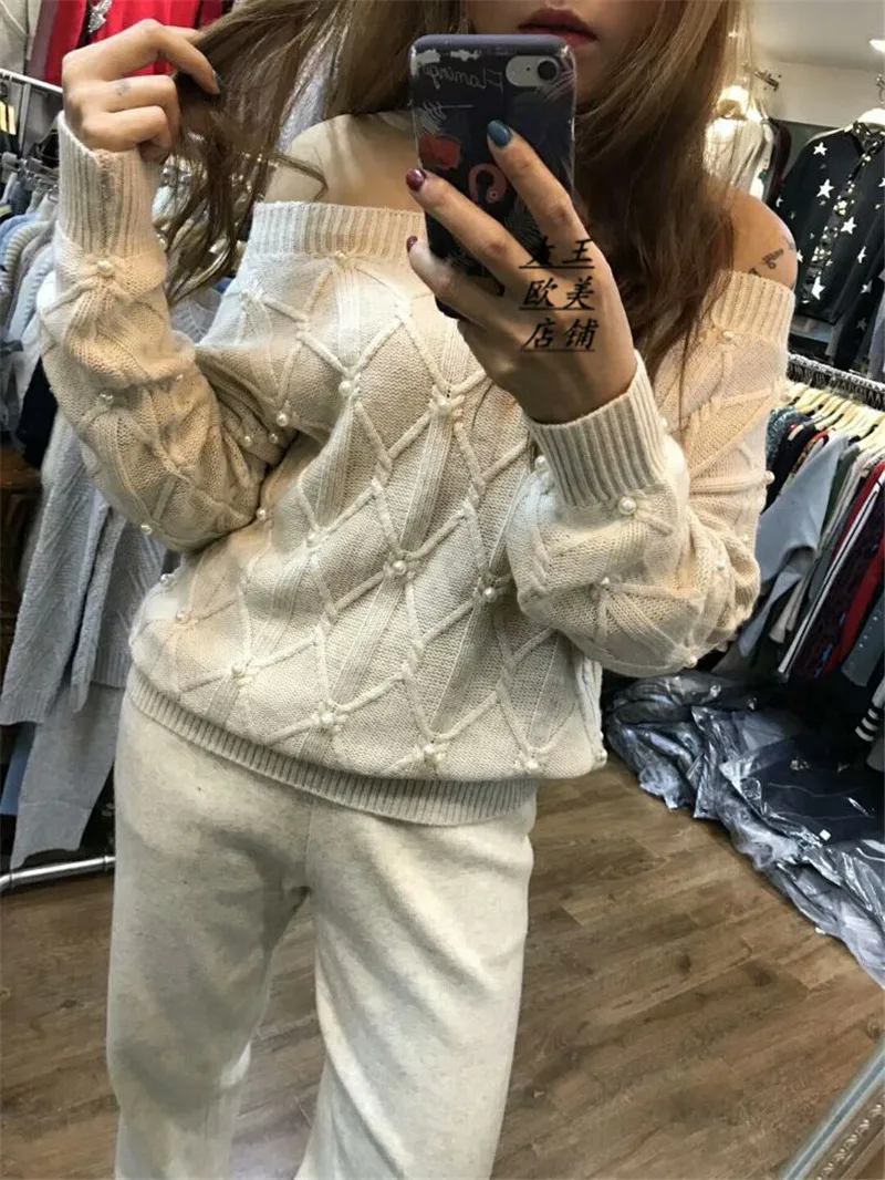Pull Hot Sale Casual 2018 New Women's 2-piece Suit Hand-beaded Word Shoulder Wool Mink Sweater + Knit Trousers Two-piece Women
Pull Hot Sale Casual 2018 New Women's 2-piece Suit Hand-beaded Word Shoulder Wool Mink Sweater + Knit Trousers Two-piece Women