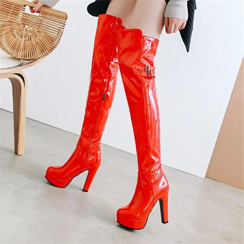 Autumn Winter Patent Leather Over The Knee Boots Big Size 43 Platform Women's Boots 12cm High-heeled Pole Dance Thigh High Boots (21)