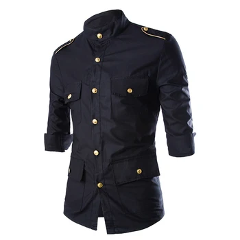 2020 Fashion black three quarter sleeve black casual solid men shirt slim fit chemise homme gold epaulet decoration male clothes
2020 Fashion black three quarter sleeve black casual solid men shirt slim fit chemise homme gold epaulet decoration male clothes