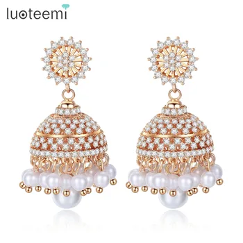 

LUOTEEMI Bohemia Style Champagne Gold Drop Earrings For Women CZ Stone& Imitation Pearl Crown Shaped Dangle Earring Fashion Gift