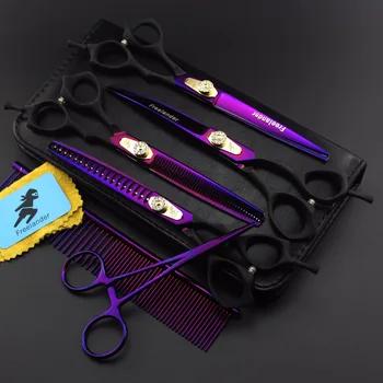 

7 "Professional pet grooming kit, direct and thinning scissors and curved pieces 4 pieces. ,technicolor black handle