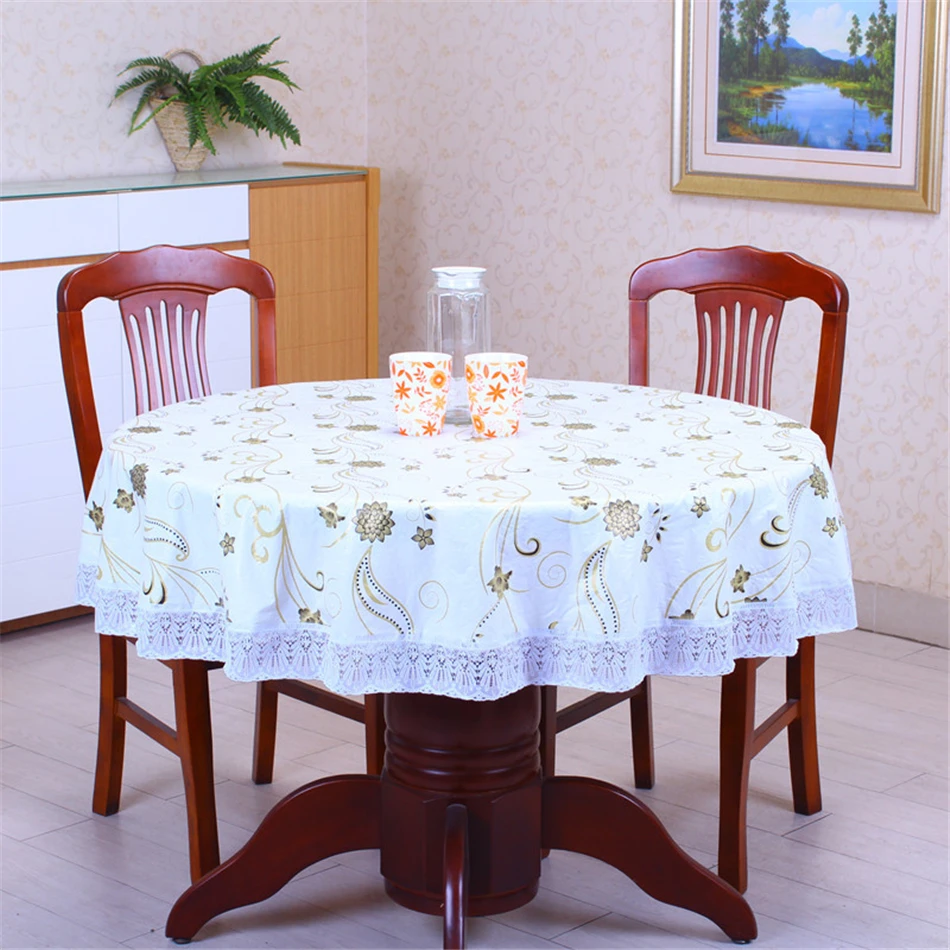 Pastoral PVC With Velvet Thick Round Waterproof Oilproof Tablecloth Decorative Lace Side Anti-hot Floral Plastic Table Cover