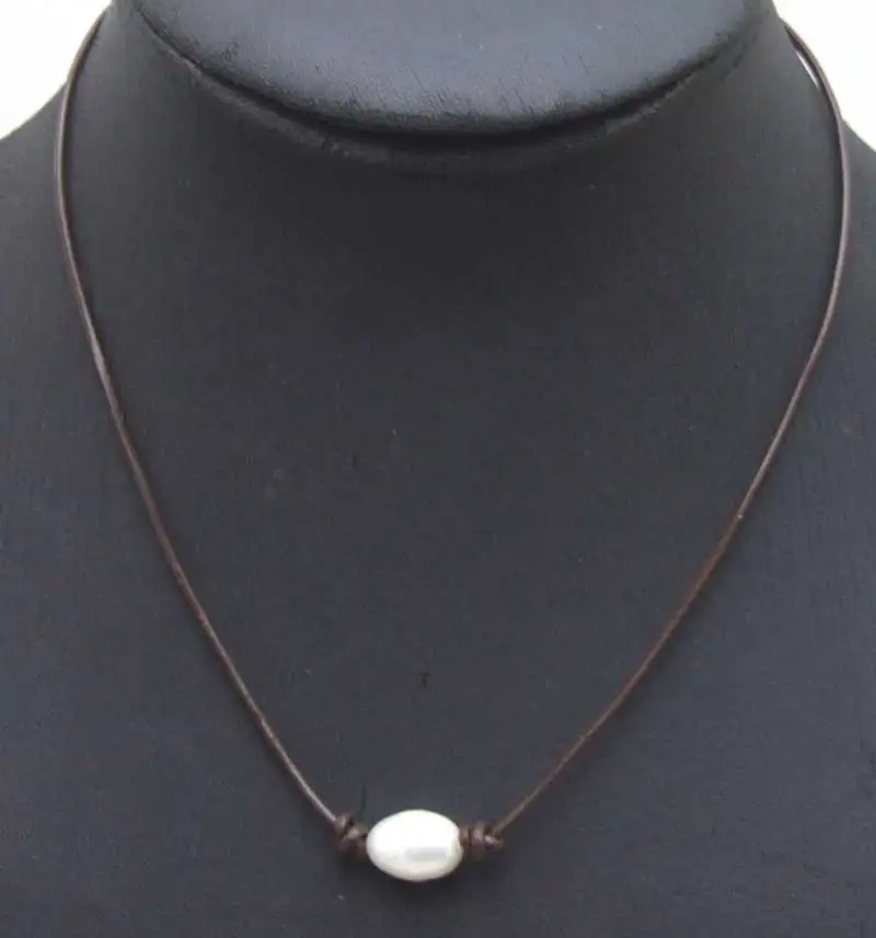SALE Big 10-11mm White Rice Natural Freshwater Pearl Necklace 18" with brown Genuine Leather-5895 Wholesale/retail Free ship | Украшения