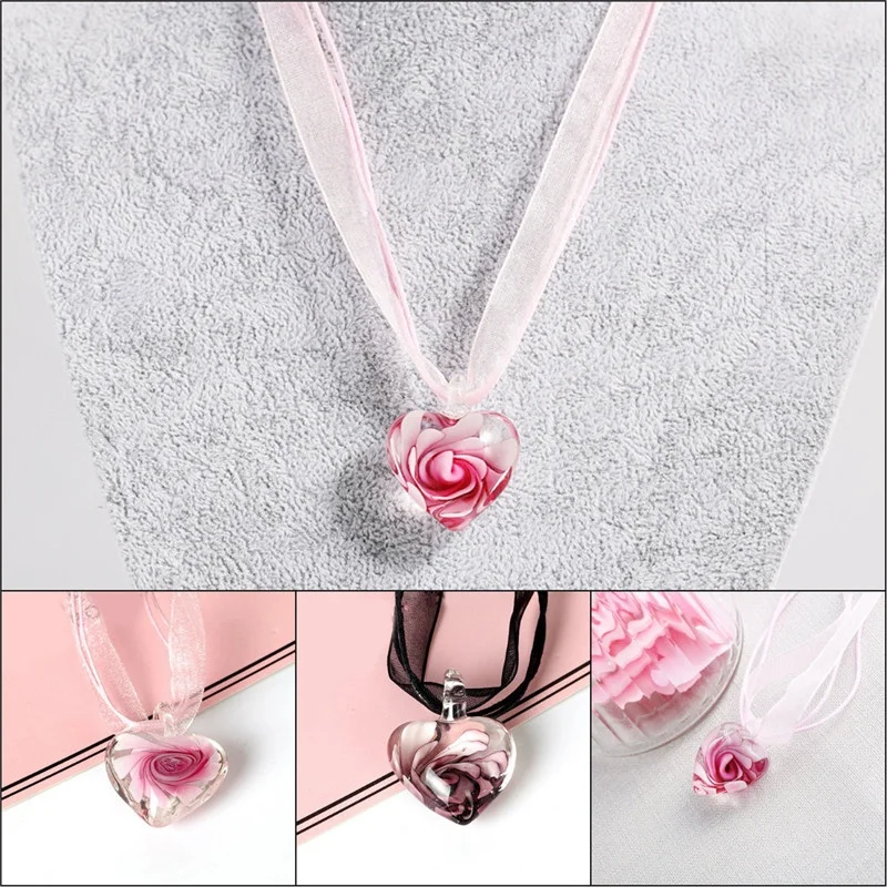 Handmade Luxury Love Heart Necklace Glass Blown Flower Inlaid Spiral Ribbon*