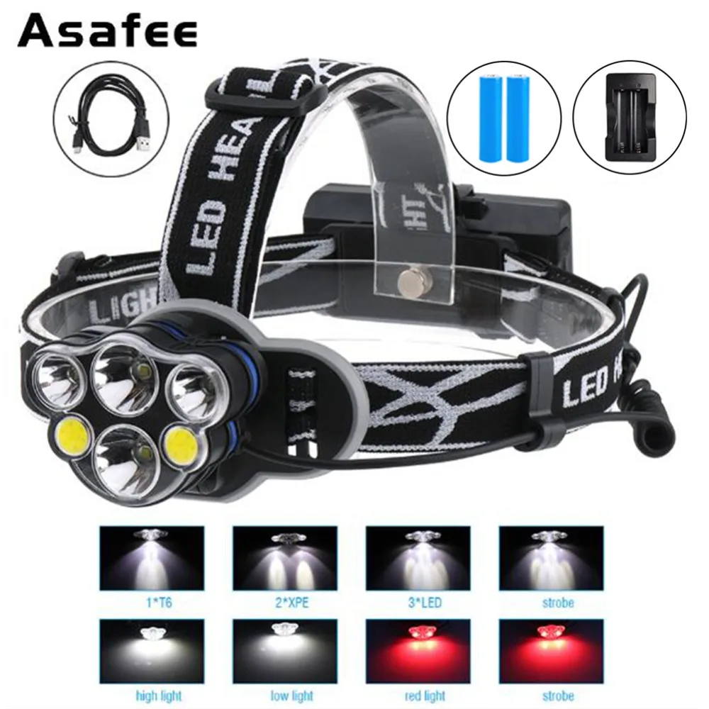 Dropshipping 6 LED T6 XPE COB Headlight Waterproof Head Torch Hunting Camping Fishing Flashlight 18650 Battery+Charger | Освещение