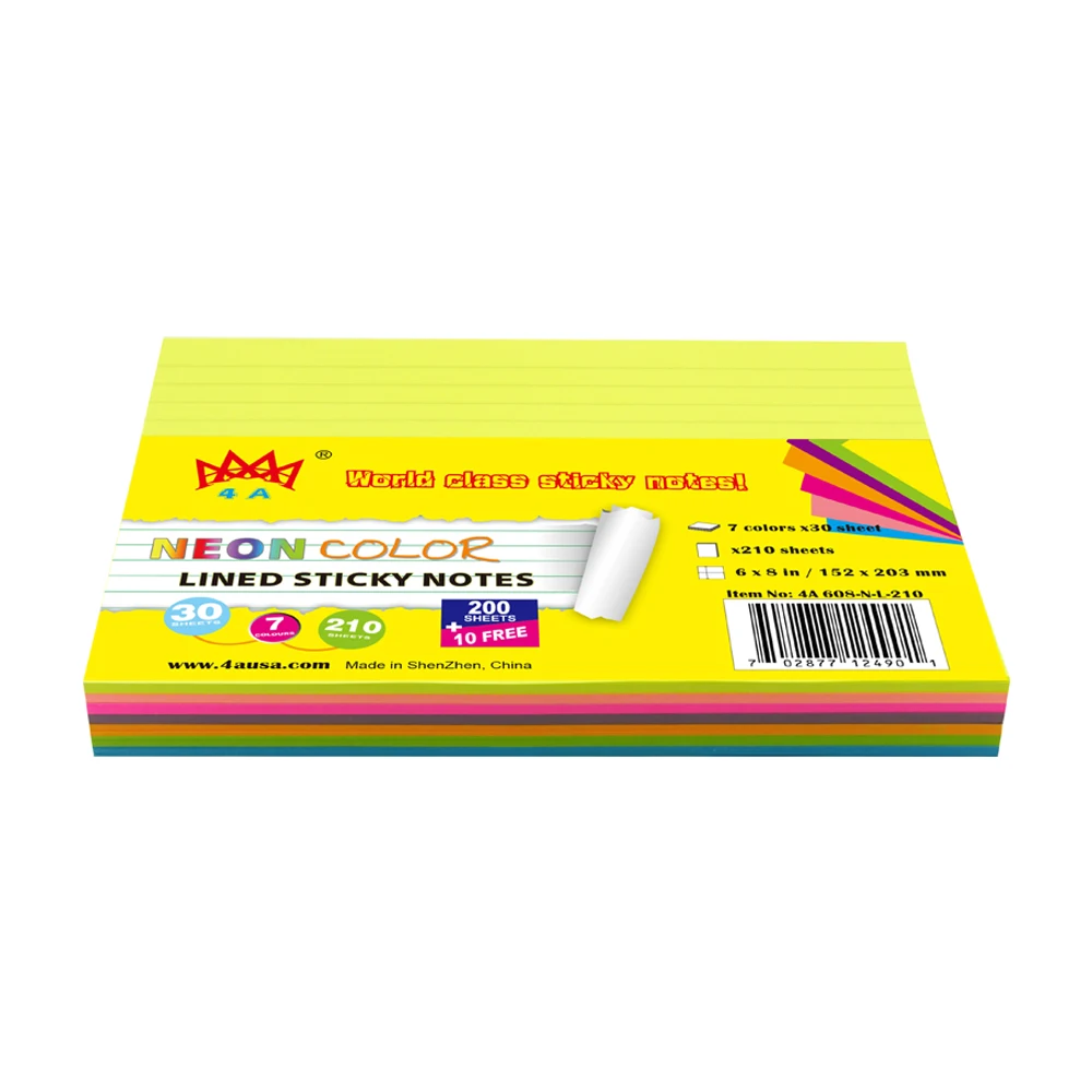 4A Sticky Notes 6 x 8 Inches 7 Neon Color Assorted Lined Stationery Planner Stickers Memo Pad Self-Stick Notes 4A 608-N-L-210
4A Sticky Notes 6 x 8 Inches 7 Neon Color Assorted Lined Stationery Planner Stickers Memo Pad Self-Stick Notes 4A 608-N-L-210