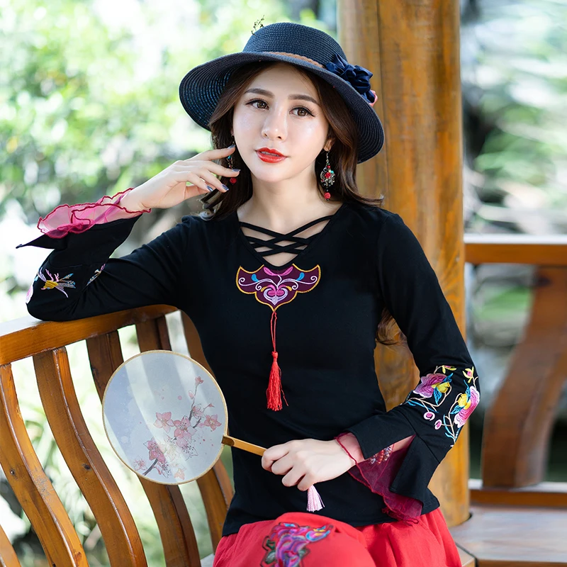 KYQIAO women pullover female autumn spring Mexico style hippie ethnic long sleeve v neck black embroidery t shirt tee top
KYQIAO women pullover female autumn spring Mexico style hippie ethnic long sleeve v neck black embroidery t shirt tee top