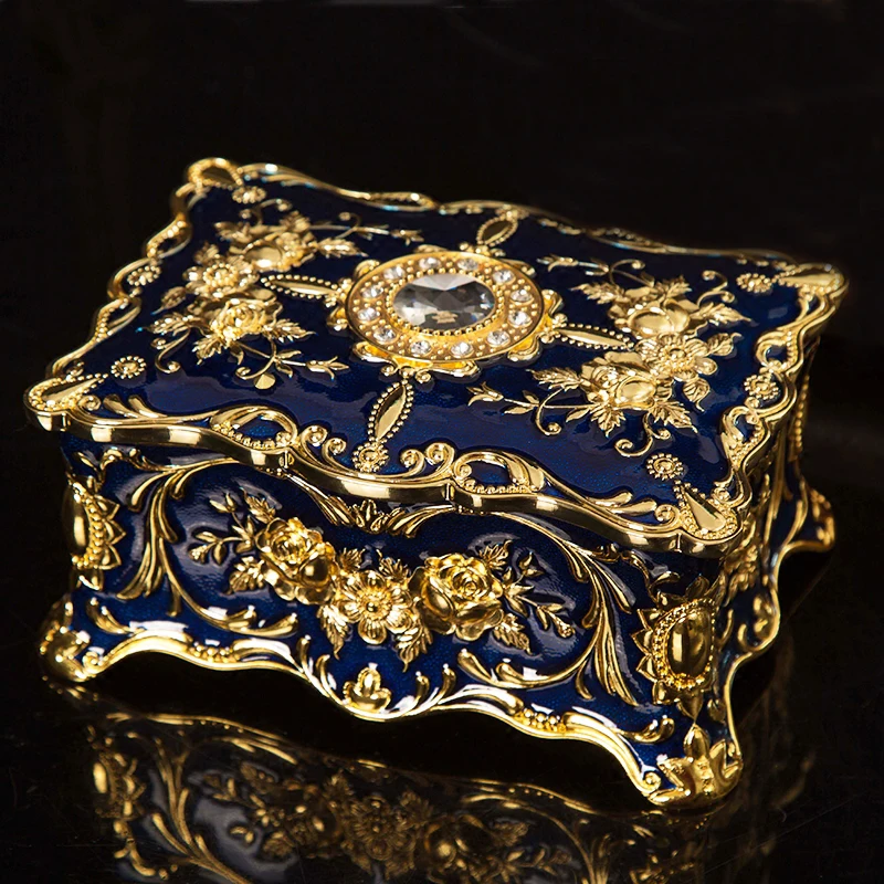 

European Rectangle Shape Embossed Gold Plating with Blue Hand Painted and Jeweled Trinket Storage Metal Jewelry Box