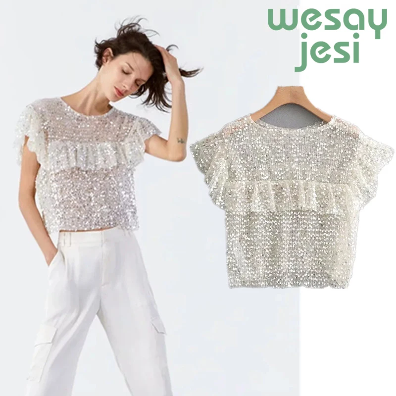 Blusas Clothes Mujer De Moda 2019 Summer Sequined Ruffles White O-neck Short Kimono Blouse Womens Tops And Blouses Shirts
Blusas Clothes Mujer De Moda 2019 Summer Sequined Ruffles White O-neck Short Kimono Blouse Womens Tops And Blouses Shirts