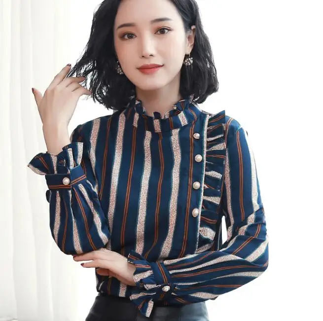 High Quality 2019 New Arrival Hot Sale Leisure Korean Stand Collar Ruffles Stripe Long Sleeve Woman Chiffon Blouse
High Quality 2019 New Arrival Hot Sale Leisure Korean Stand Collar Ruffles Stripe Long Sleeve Woman Chiffon Blouse