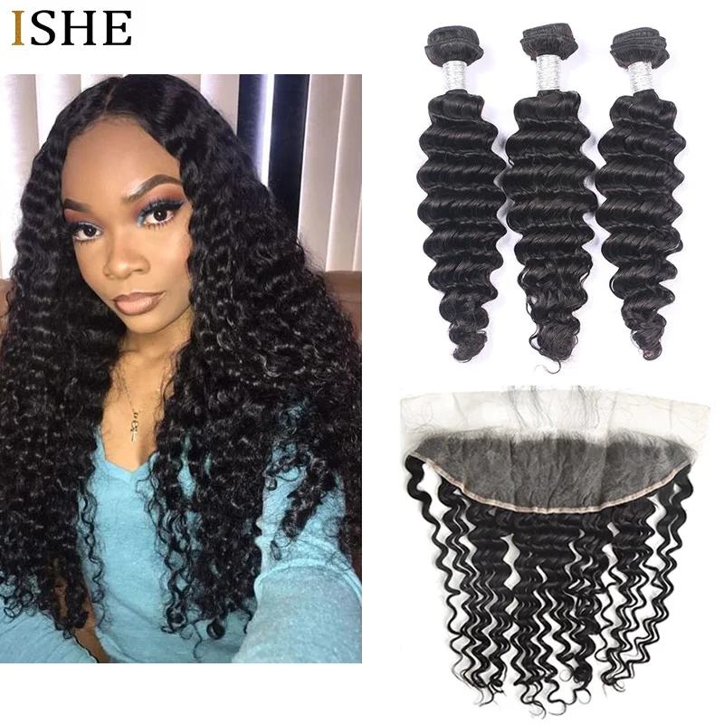 ISHE HAIR Brazilian Deep Wave Lace Transparent Frontal With Baby Hair Double Weft Remy Human Hair 3 Bundles Natural Black Color
ISHE HAIR Brazilian Deep Wave Lace Transparent Frontal With Baby Hair Double Weft Remy Human Hair 3 Bundles Natural Black Color