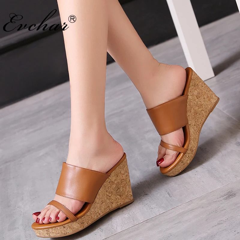 EVCHAR New cow leather summer wedges heels slippers open toe women's super high heels platform slides Brown Black size 34-39
EVCHAR New cow leather summer wedges heels slippers open toe women's super high heels platform slides Brown Black size 34-39