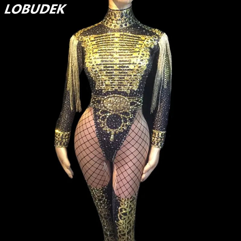 2019 New Women Stretch Leotard Gold Rhinestones Tassels Skinny Jumpsuit Female Singer DJ DS Costume Jazz Dance Team Stage Wear
2019 New Women Stretch Leotard Gold Rhinestones Tassels Skinny Jumpsuit Female Singer DJ DS Costume Jazz Dance Team Stage Wear