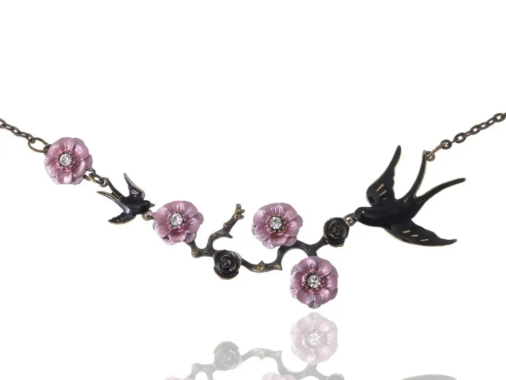 Image Handpaint Enamel Japanese Cherry Blossom Branch Jet Black Sparrow Birds Necklace