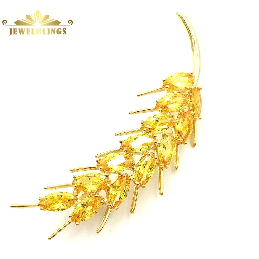 

Nature Inspiration Yellow Wheat Brooches Gold Tone Marquise Shaped CZ Prong Set Wheat Sheath Pins Harvest Holiday Jewelry